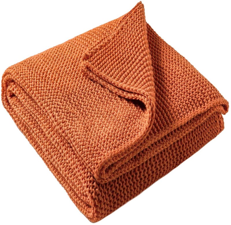 TREELY Knitted Throw Blanket Rust Orange Knit Throw Blanket for Couch Sofa Beach Chair, 50" x 60" - Image 1